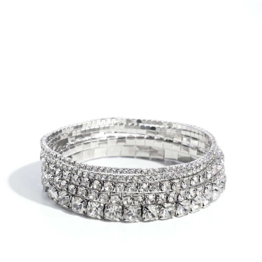 Paparazzi Silver Crystal Encrusted Bracelet Set Persistent Pizzazz White Jewelry